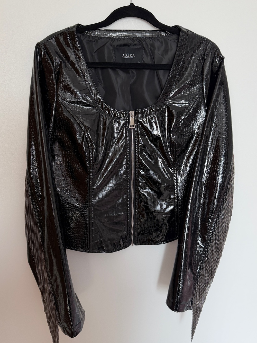 AKIRA Black Croc Patent Chain Fringe Moto Biker Jacket XL